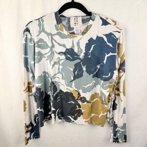 Heyne Bugot Cropped Long Sleeve T-Shirt Top Allover Leaf Print Artsy Botanical